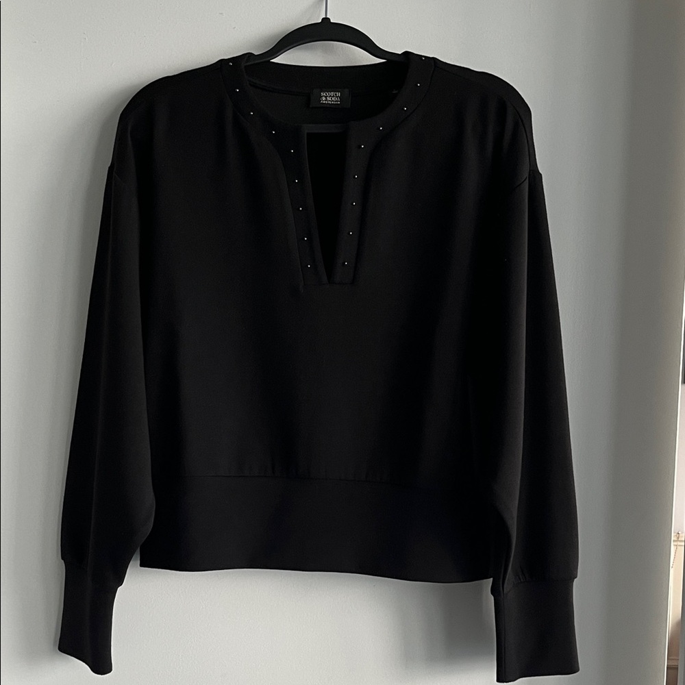 Scotch & Soda Black elevated Sweat Top Sweater, v-neck, Large, long sleeve